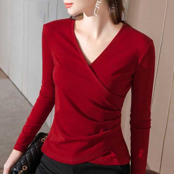 

autumn v-neck clavicle women's temperament, thin, long sleeve design, bottomed shirt, Black