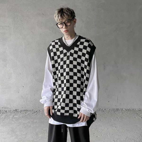 

men's vests young men students japan style vintage plaid knitted sleeveless sweater tanks loose top, Black;white