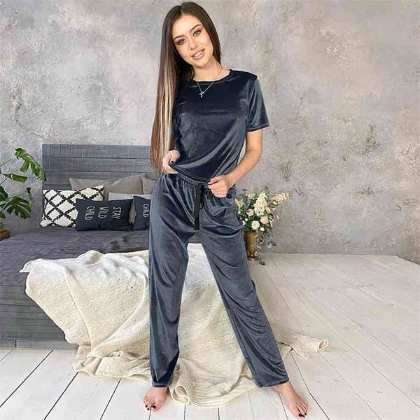 

hiloc blue velvet sleepwear winter warm home suit sets female pajamas loose pants ribbon knit short sleeve two piece set lounge 210924, Black;red