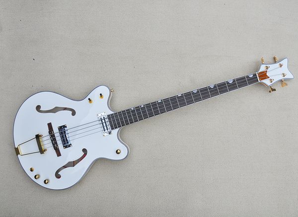 

4 strings white semi hollow electric bass guitar with rosewood fretboard,24 frets