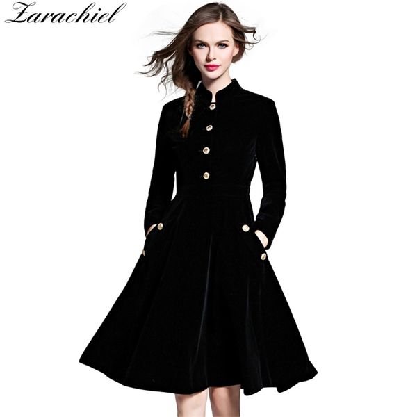 Elegante abito in velluto nero Inverno Donna Vestido Vintage manica lunga da donna Abiti a trapezio Tunique Femme 210416