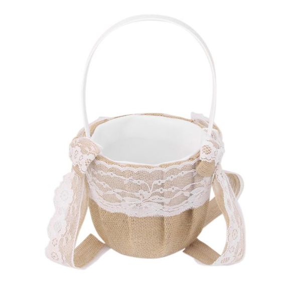 

western style wedding decor hessian burlap flower girl basket with lace bowknots rustic favor gift wrap