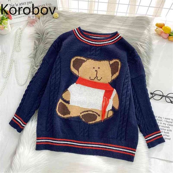 

korobov japanese women sweaters new chic cartoon embroidery female sueter mujer vintage sweet preppy style striped sweater 210430, White;black