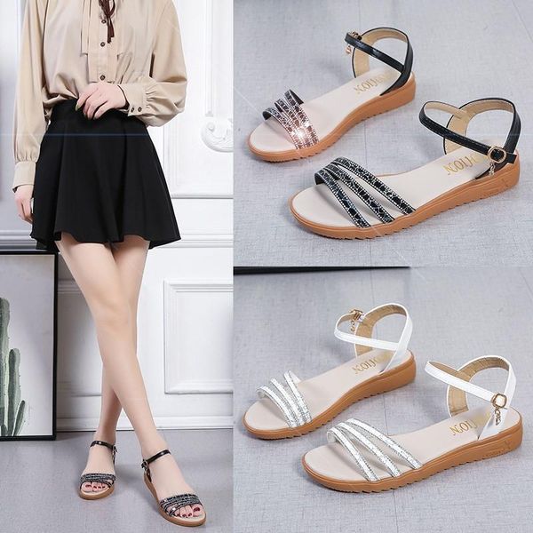 

sandals female sandal 2021 summer comfort shoes for women strappy heels girls lace up bright low rhinestone multicolore, Black