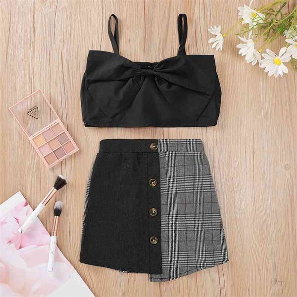 

summer children sets strap bow black patchwork plaid single breasted skirt cute 2pcs girls boys clothes set 9m-6t 210629, White