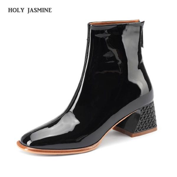 

boots fashion comfortable ankle patent leather women thick highs ladies shoes autumn winter zipper woman black