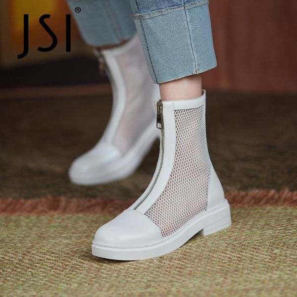 

boots jsi genuine leather summer women zip round toe square heel concise style basic 2021 breathable ankle vo27, Black