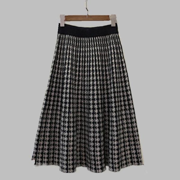 

skirts autumn winter vintage stretch high waisted midi pleated ladies houndstooth printed knitted women runway, Black