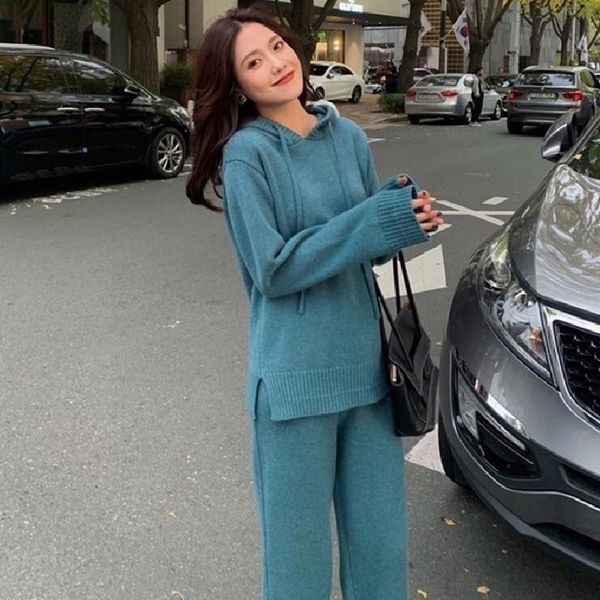 

women's two piece pants autumn solid knitted suit winter casual hooded wide leg sweater two-piece set female outfit, White