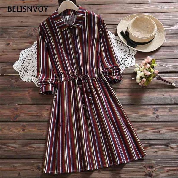 

special offer mori girl female vestidos autumn women dresses vintage drawstring lapel long sleeve striped casual dress 210520, Black;gray