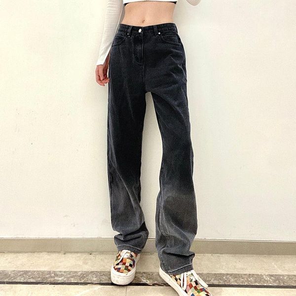 

women's jeans woman pants small design pocket straight high waist loose leg length casual women pantalones vaqueros mujer, Blue