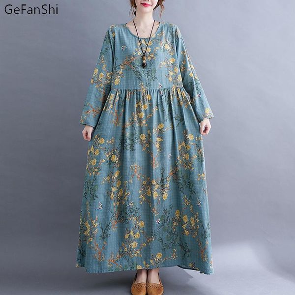 

casual dresses spring autumn women loose vintage floral long sleeve cotton linen dress fashion elegant maxi robe, Black;gray