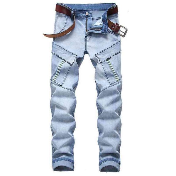 

stretch motorcycle pants hole jeans trend men's wrinkle multi-pocket trousers, Blue