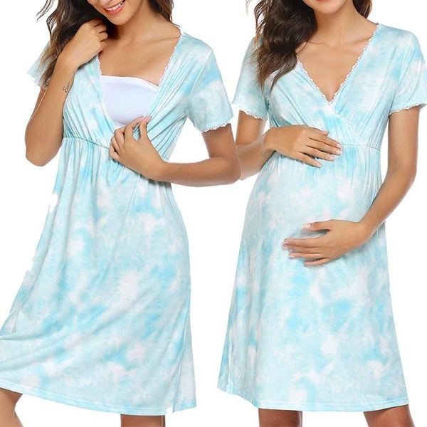 

maternity dresses lace stitching short sleeve dress tie-dye floral print breastfeeding pregnancy v neck casual women d30, White