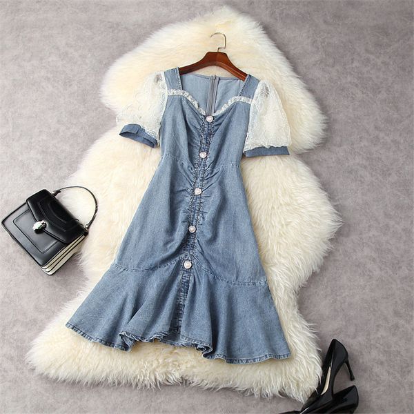 

high fashion summer short crocheted female trumpet denim mini dress, Black;gray