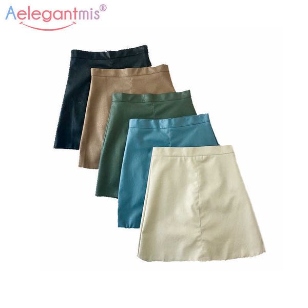 

aelegantmis 5 color faux leather skirts womens a-line fashion streetwear mini skirt casual elegant for school black green blue 210607