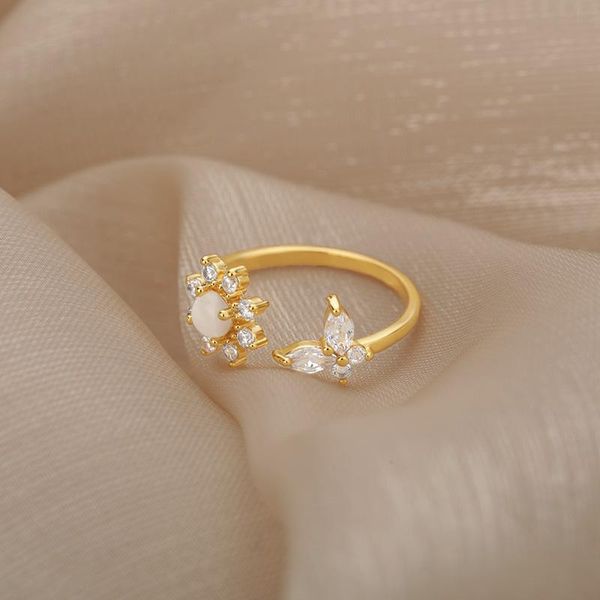 

cluster rings sun flower and butterfly zircon ring for women stainless steel opal aesthetic adjustable charm vintage cute jewelry gifts, Golden;silver