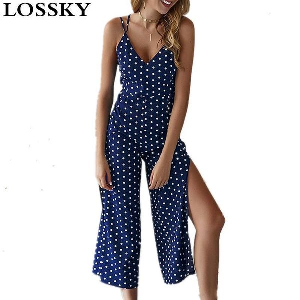 

women's jumpsuits & rompers dot print wide leg pants jumpsuit v neck sleeveless backless women summer split elegant spaghetti strap, Black;white