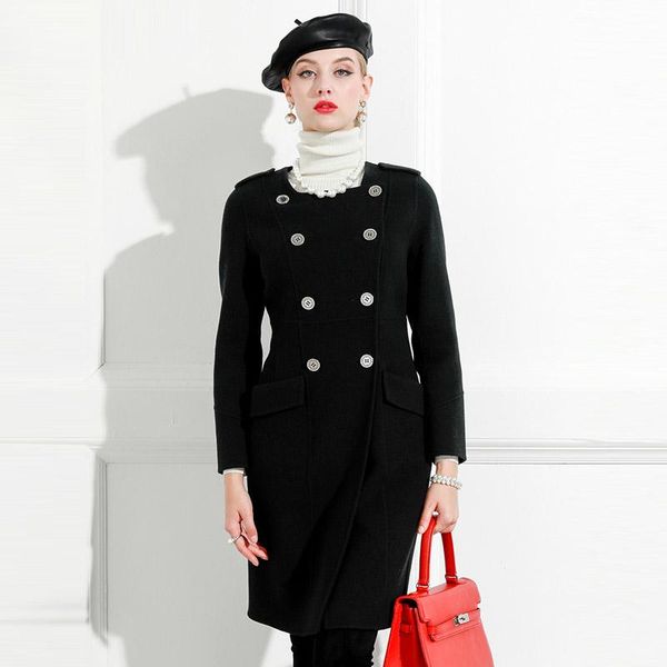 

women's wool & blends double sided cashmere coat female celebrities slim off-season medium length, Black