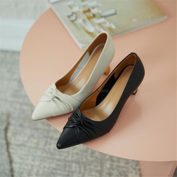 

dress shoes summer women's pumps pointed toe square heels pleated decoration design genuine leather size 33-40, Black