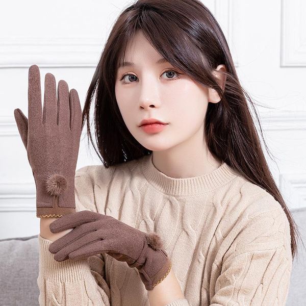 

five fingers gloves autumn and winter women thin section single layer keep warm touch screen solid hairball cute lovely cycling elasticity, Blue;gray