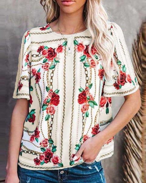 

2021 fashion t shirts spring and summer women's round ne short sleeve printed large size blouse, White