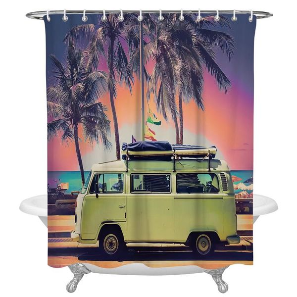 

shower curtains summer dusk seaside bus tropical palm trees bathroom curtain polyester fabric waterproof with hooks
