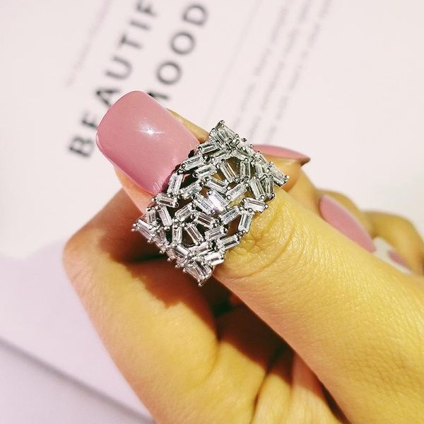 

sterling silver trendy fashion baguette shape cut eternity band ring for wedding engagement love girls finger jewelry r4891 cluster rings, Golden;silver