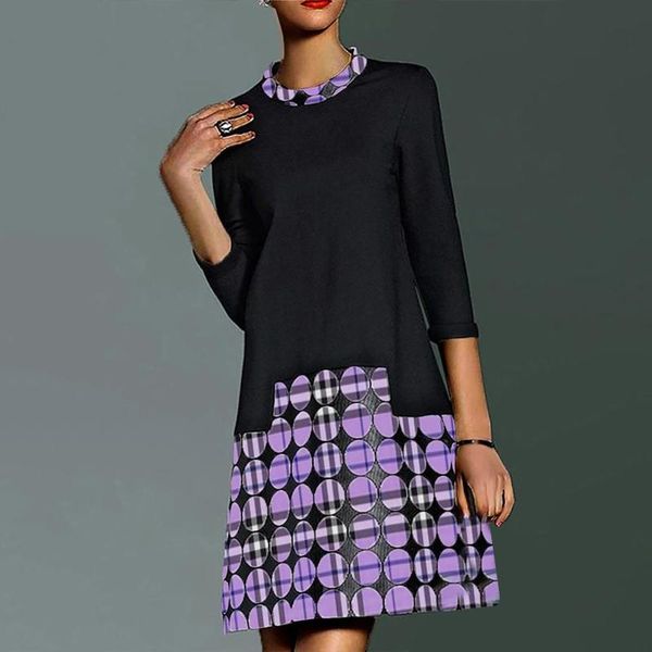 

casual dresses women spring o neck long sleeve a-line mini dress autumn elegant office party fashion circle print patchwork vintage, Black;gray
