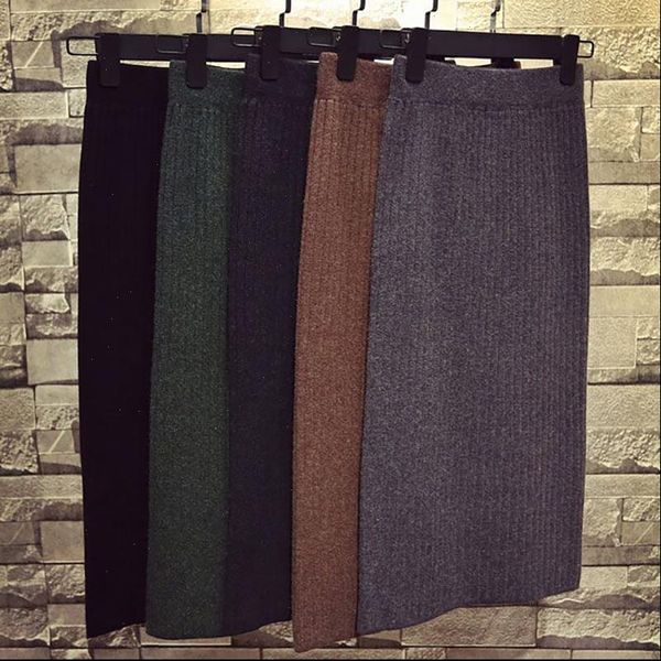 

winter warm knitted pencil falda womens skirts tubo faldas coreanas negra green brown vintage midi jupe crayon, Black