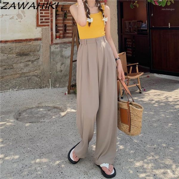 

women's pants & capris zawahiki korean fashion casual summer 2021 high waist loose straight wide leg all-match solid long trousers, Black;white