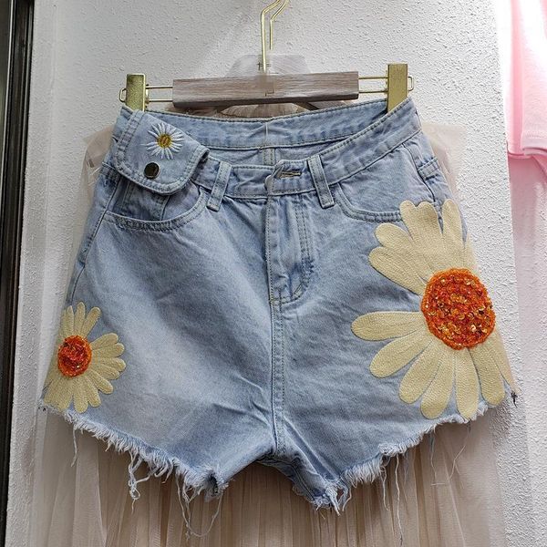 

women's jeans light blue jean shorts women 2021 summer slim sequin sunflower embroidered wide leg pants high waist femme