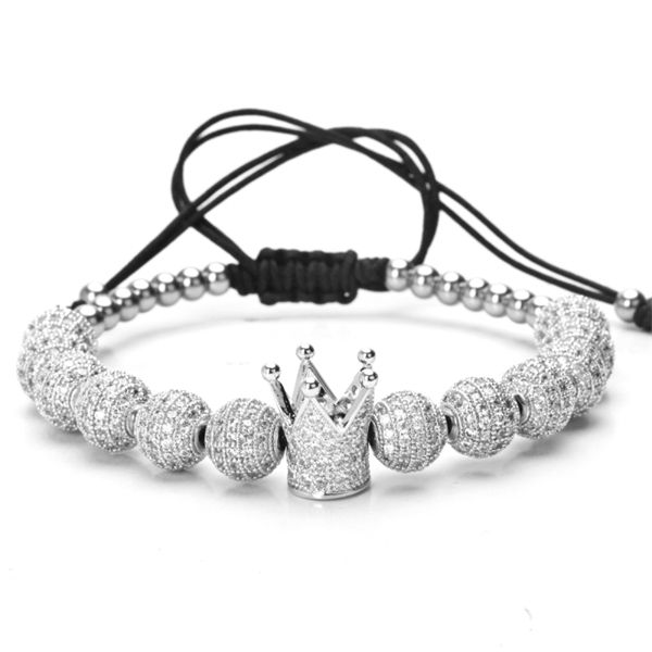 

men slivery crown charm bracelets jewelry strands diy 4mm round beads braided bracelet female zircon gift valentine, Black