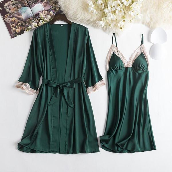 

sleepwear green women sleep set nightdress satin nighty&robe suit kimono bathrobe gown silky home clothes nightwear intimate lingerie women&, Black;red