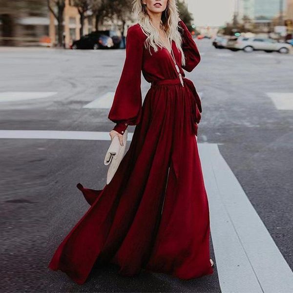 

casual dresses high waist maxi autumn split sashes party long dress 2021 elegant v-neck evening women sleeve, Black;gray