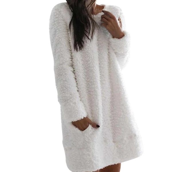 

casual dresses elegant o neck simple dress women autumn winter solid color long sleeve pocket plush mini loose warm party, Black;gray
