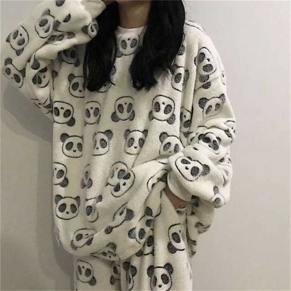 

women pajamas winter thermal thick sleepwear cute cartoon print plush flannel warm underwear sets indoor clothes plus size 211215, Black;red
