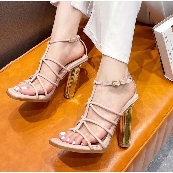 

sandals fahsion woman's pumps square toe high heels buckle strap ladies stiletto t-tie female 2021 gladiator shoes summer, Black