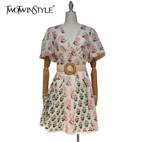 

print floral summer dress for women v neck lantern sleeve high waist sashes hit color dresses female fashion 210520, Black;gray