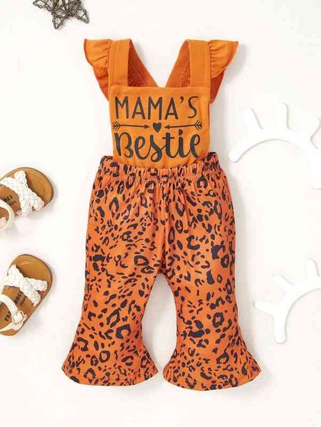 

baby leopard & letter graphic ruffle trim overall flare leg jumpsuit she, Blue
