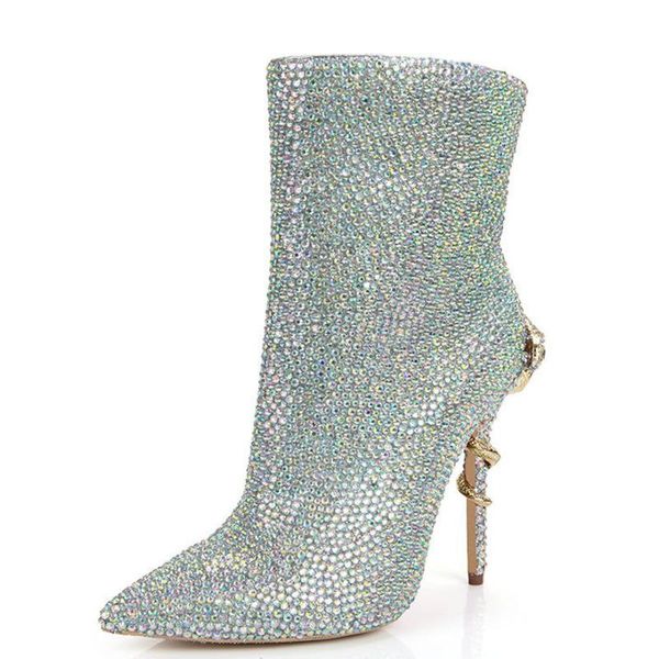 

boots deat 2021 spring and summer fashion casual snake high-heeled pointed zipper diamond short for women sh434, Black
