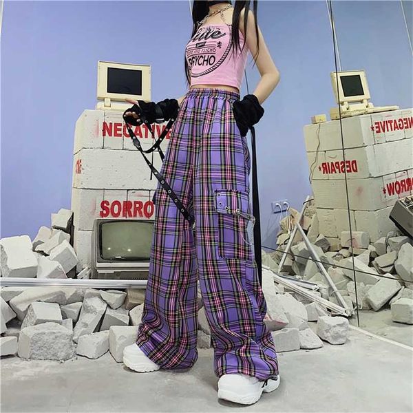 

qweek mall goth y2k cargo pants women hippie purple plaid harajuku streetwear chain checked trousers famale high waist aesthetic 211105, Black;white