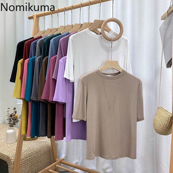 

nomikuma korean casual basic t shirt women solid color o neck short sleeve tshirts leisure daily tees chic camisetas 210514, White