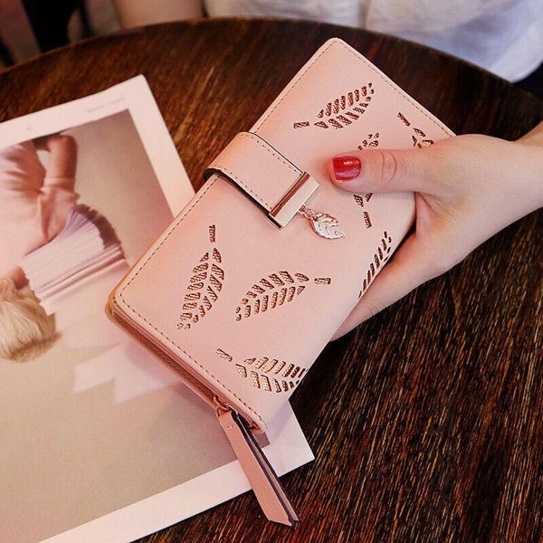 

wallets fashion 2021 women wallet faux leather hollow leaves long coin purse card holders clutch, Red;black