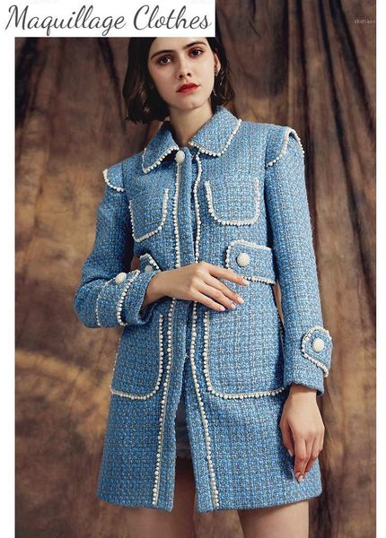 

autumn winter brand design pearls beading tweed coat chic women's woollen b497 wool & blends, Black