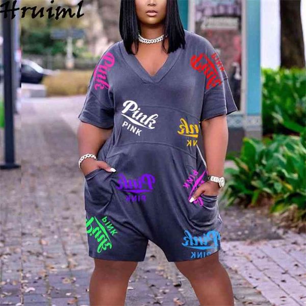 

plus size jumpsuits short sleeve v neck letter print loose high street female fashion casual summer women 210513, Black;white