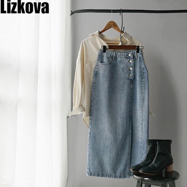 

skirts spring denim skirt women blue high waist midi side split single-breasted elegant ladies casual, Black