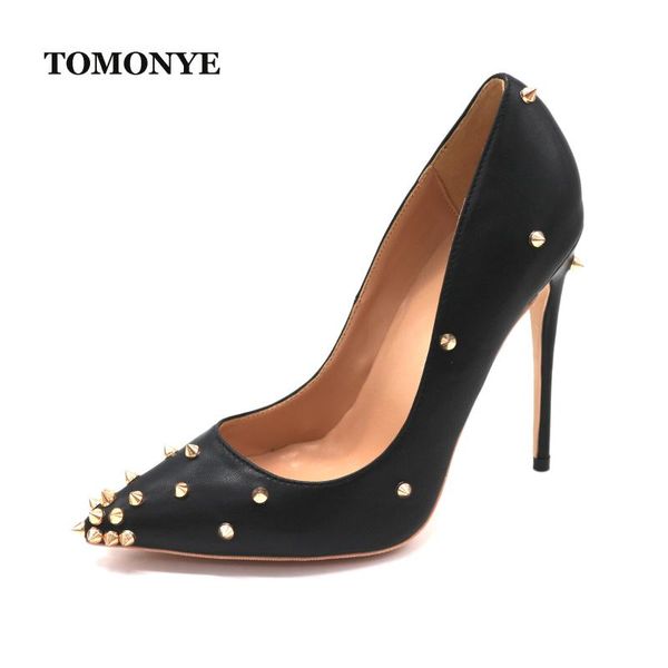 

dress shoes tomonye black matte gold stud spike pointed toe women lady 120mm high heel pump custom made small size 33 plus 45