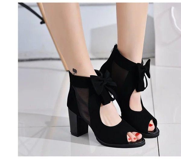 

spring and summer bowknot sandals with thick heels ladies mesh shoes fashion joker fish mouth, Black