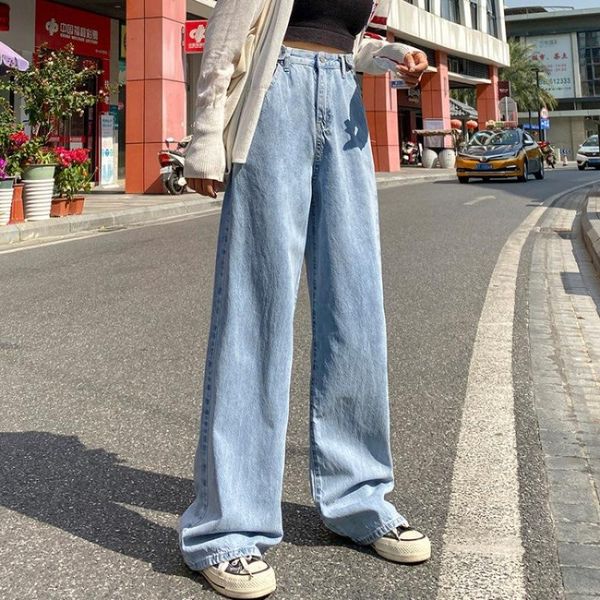 

women's pants & capris spring autumn ladies female casual long jeans women retro solid color high waist straight-leg trousers loose den, Black;white